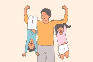 Strong father lifts children in arms and shows biceps, proud of having little son and daughter. vector