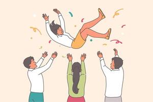 People throw birthday girl during party with confetti, congratulating female friend on holiday vector