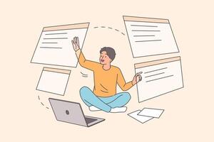 Man programmer develops UI and UX design using virtual screens, sitting on floor near laptop vector