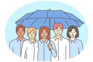 Smiling employees stand together under umbrella vector