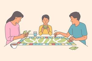 Happy family plays board game, moving through colorful maps, spending free time together vector