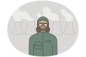 Man in protective costume near chemical factory vector