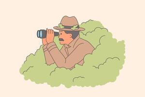 Man private detective is investigating case of adultery, looking out of bushes with binoculars vector