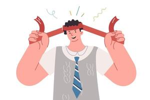 Ambitious business man is ready to work and solve complex problems, tying red bandage on forehead vector