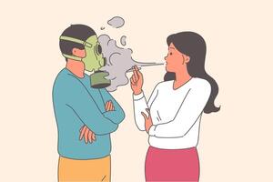 problema pasivo de fumar causas incomodidad para hombre utilizando gas mascarilla, en pie cerca mujer con cigarrillo vector