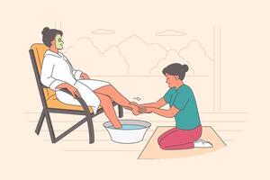 Woman visits SPA salon and enjoys foot massage service, sitting in chair with cosmetic mask on face vector