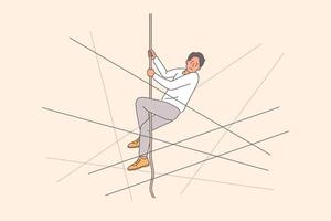 Man climbing up rope wants to find escape from difficult life situation or career dead end vector