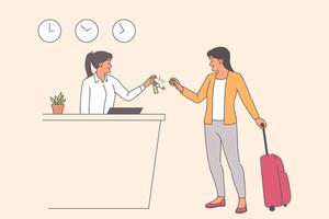 mujer cheques dentro hotel y sostiene equipaje tomando llaves desde recepcionista durante negocio viaje vector