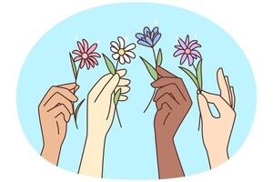 Diverse people hands holding flowers vector