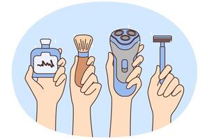 Hands holding different tools for shaving vector