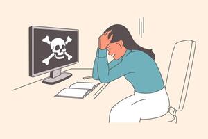 Woman victim of hacker attack is upset because computer was hacked sitting near coin with skull vector