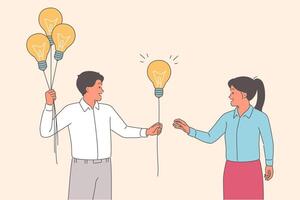 Business man sharing ideas with colleague working as creative producer and holding light bulbs vector