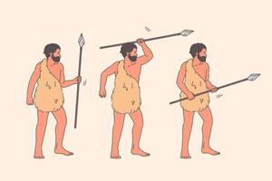 Cavemen in skin of predator use spears instead of clothes to hunt mammoth and drive beast into trap vector