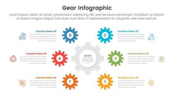 gear cogwheel infographic template banner with circular cycle on center with 6 point list information for slide presentation vector