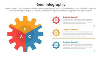 gear cogwheel infographic template banner with big shape slice separation and line bottom description with 3 point list information for slide presentation vector