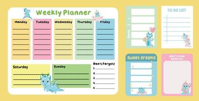 Weekly Planners for children. Cute dragons planner vector