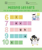 Missing letters worksheet. Learning to writing activity vector