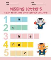 Missing letters worksheet. Learning to writing activity vector