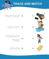 Trace and match worksheet. Tracing words and learning english vocabulary vector