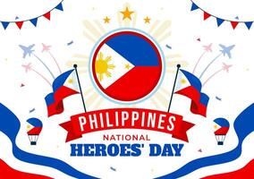 Filipinas héroes día ilustración en agosto 29 con ondulación bandera y cinta en un nacional fiesta celebracion, plano dibujos animados estilo antecedentes vector