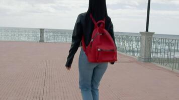 mulher com vermelho mochila caminhando em a beira-mar video