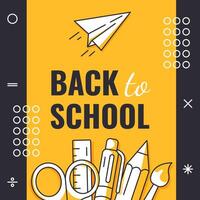 Back to school, square poster, minimalist design with school supplies, paper airplane, geometric shapes. Education, learning, knowledge concept. For social media, banner, flyer, card, post vector