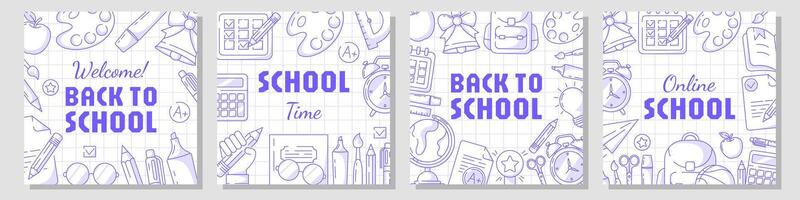 Set of back to school square poster, checkered background. Minimalist design with school supplies, stationery. Education, learning, knowledge concept. For social media, banner, flyer, post vector