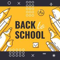 Back to school, square poster, minimalist design with school supplies, stationery, geometric shapes. Education, learning, knowledge concept. For social media, banner, flyer, advertising, post vector