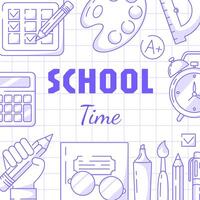 School time, square poster, checkered background. Minimalist design with school supplies, stationery, pencil in hand. Education, learning concept. For social media, banner, flyer, card, post vector