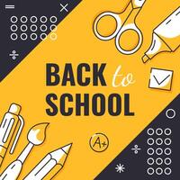 Back to school, square poster, minimalist design with school supplies, stationery, geometric shapes. Education, learning, knowledge concept. For social media, banner, flyer, advertising, card vector