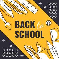Back to school, square poster, minimalist design with school supplies, stationery, geometric shapes. Education, learning, knowledge concept. For social media, banner, flyer, advertising, post vector