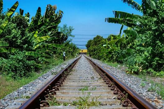 A straight single track railway forms a perspective viewpoint with many banana trees around it, Indonesia, 16 May 2024. photo