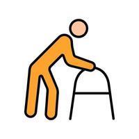 Elderly care set icon. Senior person with walker, mobility aid, aging support, senior assistance, geriatric care, physical aid, elderly independence. vector