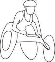 atleta en silla de ruedas uno línea dibujo Arte. hombres con paralizado piernas haciendo Deportes. soltero línea dibujar . persona con invalidez capacitación. ilustración vector