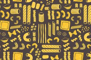 Pasta types seamless pattern. Different shapes of Italian pasta. Spaghetti, Farfalle, penne, rigatoni, ravioli, fusilli,conchiglie, elbows, rotelle, orzo, paccheri illustration. vector
