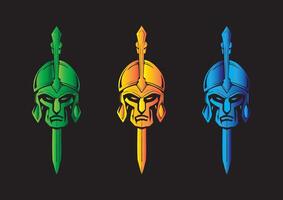 Three Matching Logos with Elements of Helmets and Spears, Different in Color , Showing Strength and Unity on the Battlefield vector