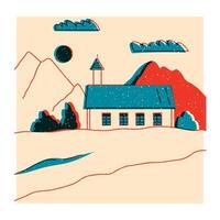 Landscape. Ranch, house in the mountain, farm, meadow, house, tree, road, mountain. Hand drawn illustration. Colorful cute screen printing effect. Riso print effect. Icon, logo, print, poster vector