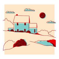 Landscape. Ranch, house in the mountain, farm, meadow, house, tree, road, mountain. Hand drawn illustration. Colorful cute screen printing effect. Riso print effect. Icon, logo, print, poster vector