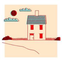 Landscape. Ranch, house in the mountain, farm, meadow, house, tree, road, mountain. Hand drawn illustration. Colorful cute screen printing effect. Riso print effect. Icon, logo, print, poster vector