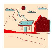 Landscape. Ranch, house in the mountain, farm, meadow, house, tree, road, mountain. Hand drawn illustration. Colorful cute screen printing effect. Riso print effect. Icon, logo, print, poster vector