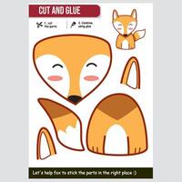 Cute fox v illustration for kids education paper game with cut and glue activity vector