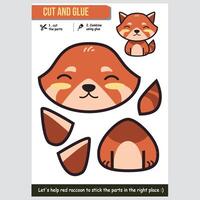 Adorable raccoon illustration for kids educational cut and glue paper game vector