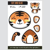 Cute tiger illustration for educational paper game. Fun cut and glue activity for kids. vector