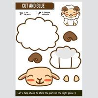 Adorable illustration of sheep for educational paper game for kids. Cut and glue activity. vector