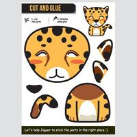 illustration of a cute jaguar for kids educational paper game. Cut and glue activity. vector