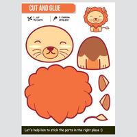 Cute lion illustration for kids educational cut and glue paper game vector