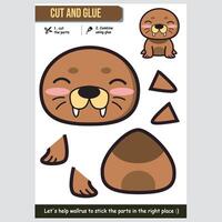 Cute walrus illustration. Educational paper game for kids. Fun cut and glue activity. vector