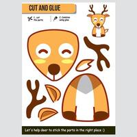 Cute deer illustration for kids educational paper game. Fun cut and glue activity. vector