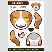 Cute dog paper craft for kids. Fun educational activity cut, glue, and learn vector