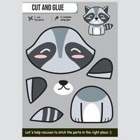 Adorable raccoon illustration for kids educational cut and glue paper game vector